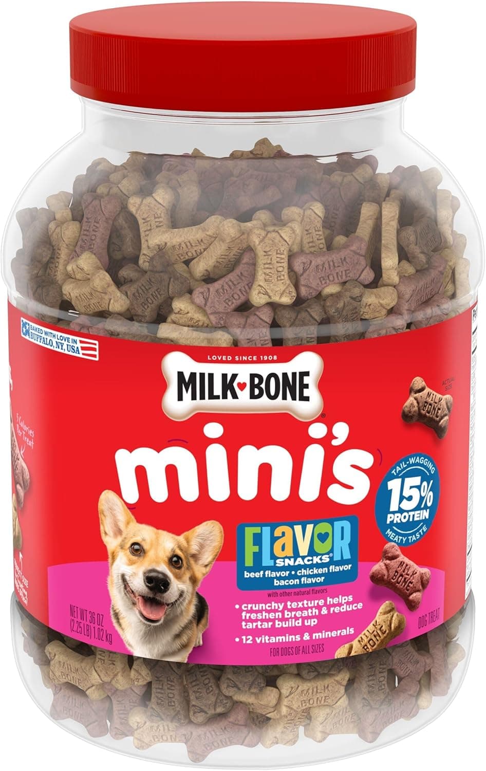 Milk-Bone Flavor Snacks Mini's Dog Biscuits, Flavored Crunchy Dog Treats, 36 Oz. Canister